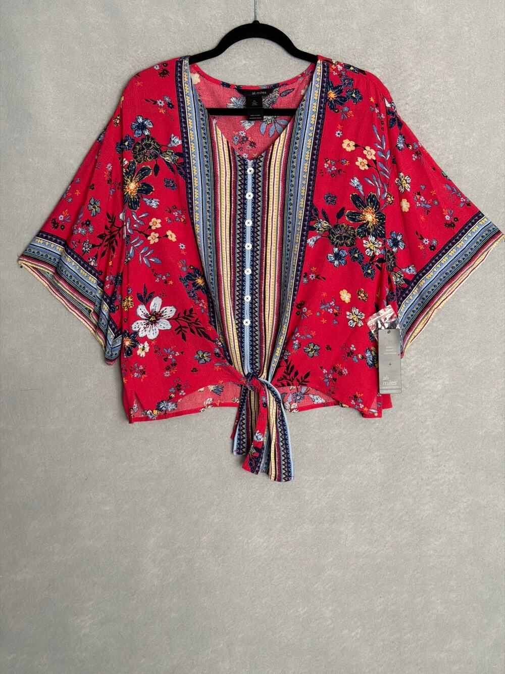 Ali Miles Tie Front Top Stripe Floral Combo Women's Petite X-Large NEW